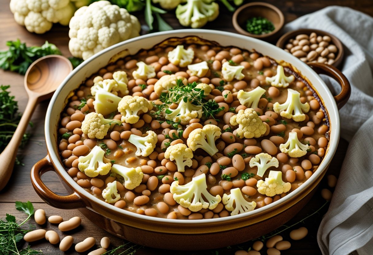 Een ovenschotel met bonen en bloemkool op een houten tafel, omringd door verse ingrediënten en keukengerei.