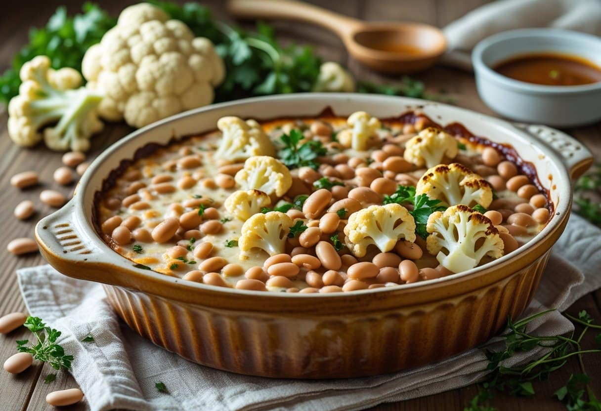 Een ovenschotel met bonen en bloemkool in een romige saus, gepresenteerd op een houten tafel met verse ingrediënten eromheen.